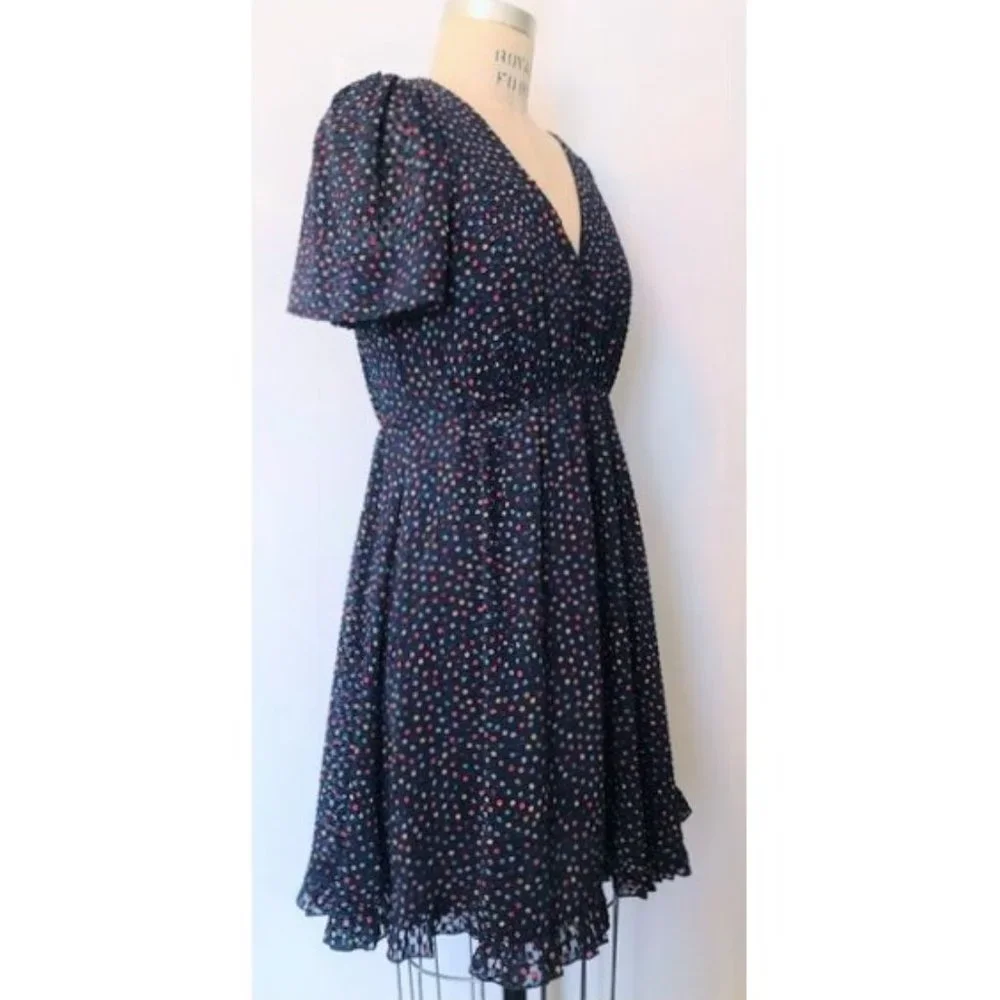 MADEWELL SUGAR DOT BLUE RED YELLOW V-NECK FLUTTER SLEEVE MINI DRESS 0 NWT